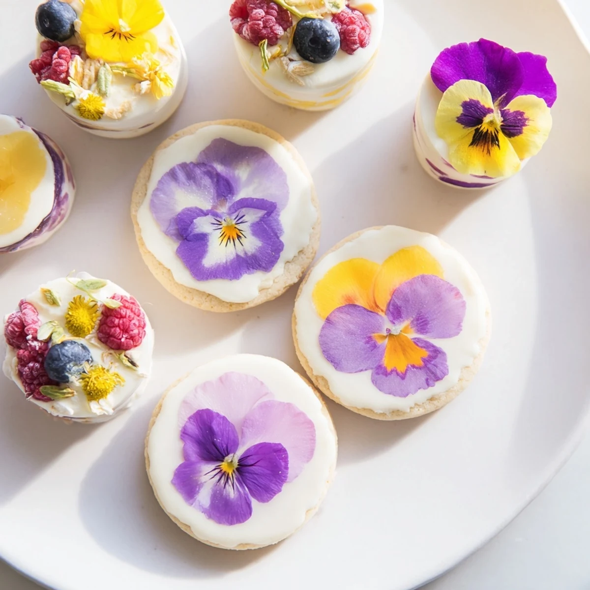 Indulge in an enchanting Spring Flower Dessert Tray showcasing fragrant lemon cakes and yogurt parfaits.