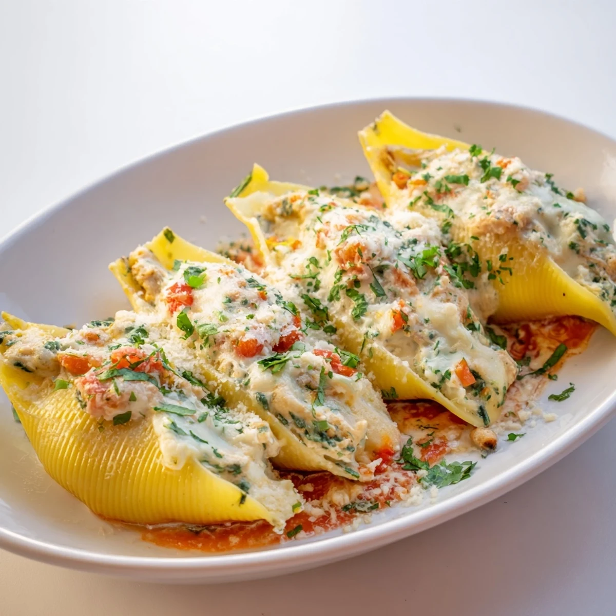 Creamy High-Protein Cottage Cheese Alfredo Christmas Shells, stuffed with turkey and spinach, ready to serve with parsley.