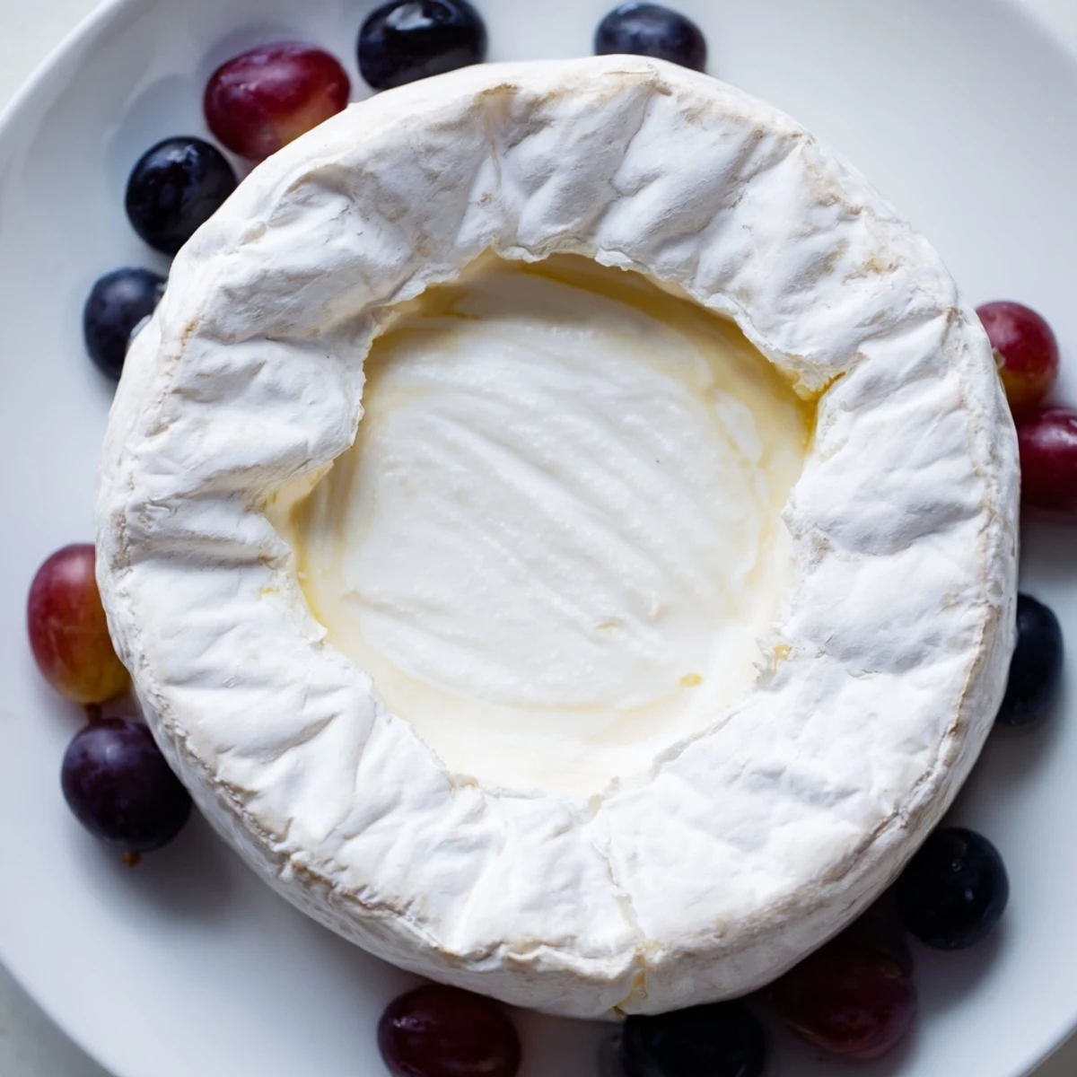This Floating Island recipe shows a vibrant blue yogurt lake circling a soft cheese wheel, ready to serve.