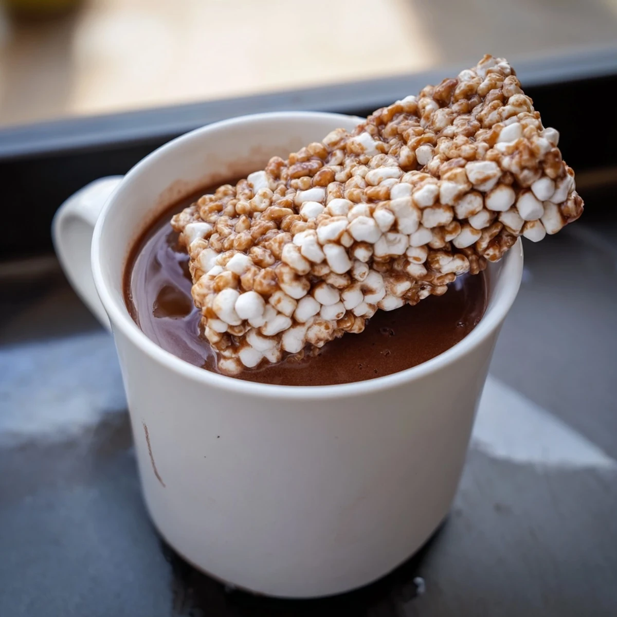 Warm, frothy hot chocolate topped with sweet, fluffy Cozy Bear Marshmallow Bar pieces, ready to sip.