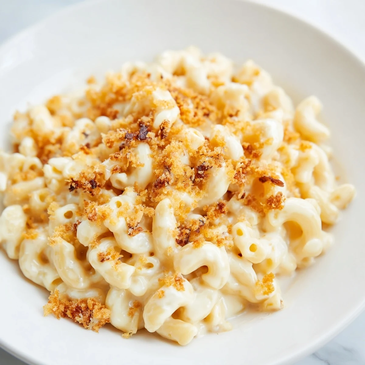 Freshly made Tinis Recession Mac, showing perfectly melted cheese over tender elbow macaroni pasta.