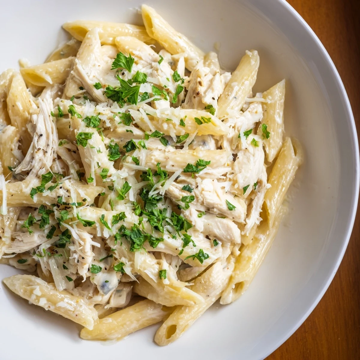 Close-up of Tinis Creamy Chicken Pasta, showing perfect penne coated with creamy sauce and herbs.