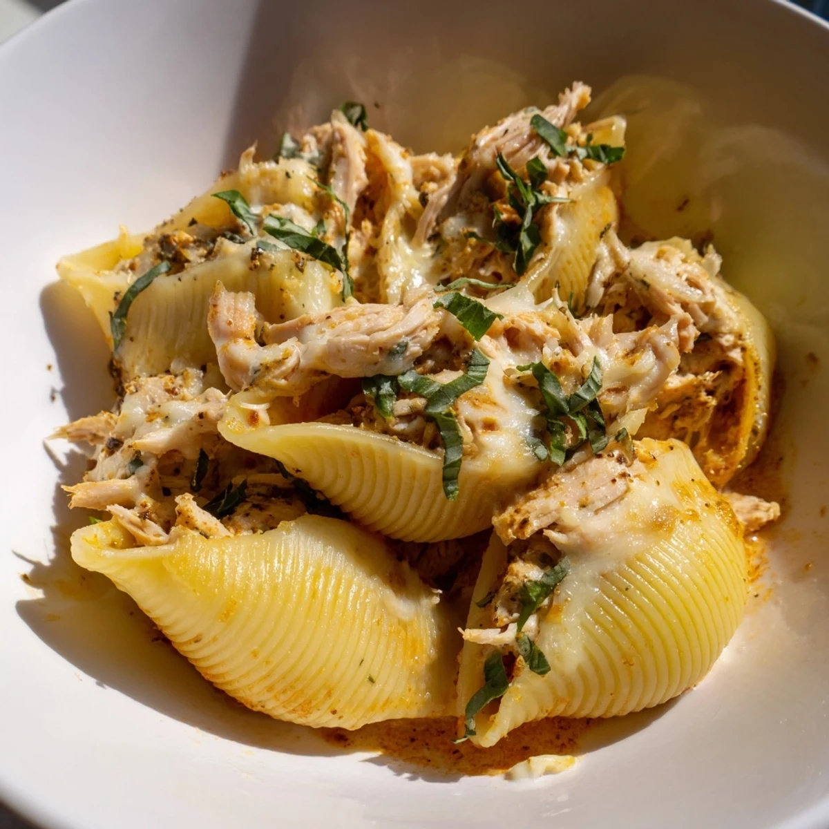A close-up of cheesy, bubbling, and comforting Marry Me Chicken Stuffed Shells, ready for serving with fresh basil.