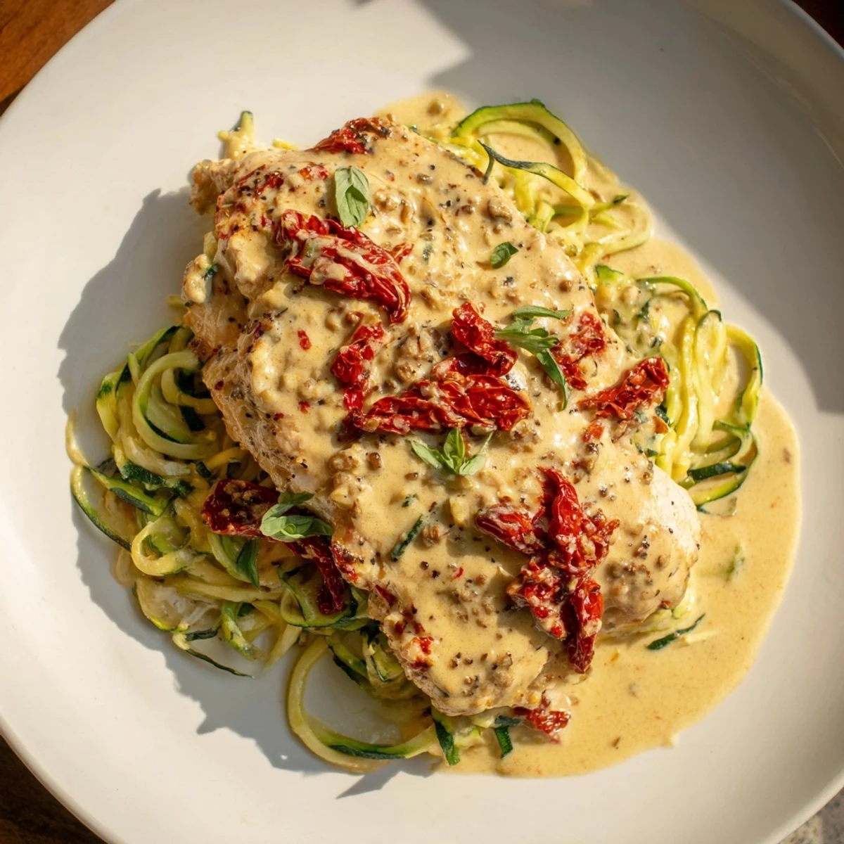 Creamy Marry Me Chicken Zoodles, featuring tender chicken and vibrant sun-dried tomatoes over fresh, green zucchini noodles.