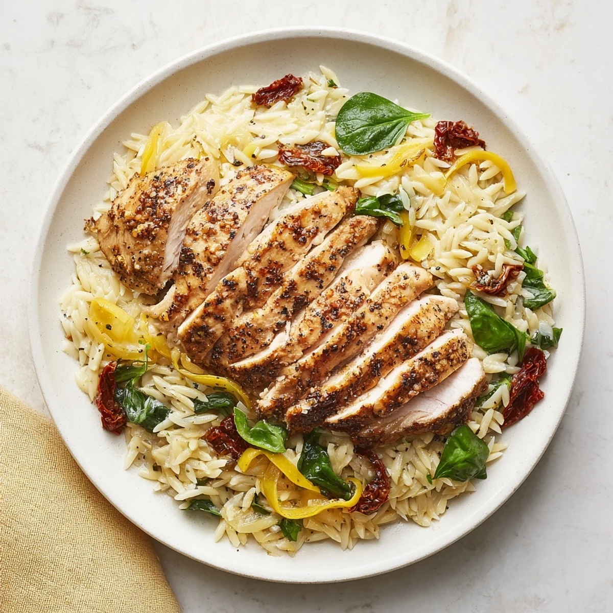 A close-up of plated Marry Me Chicken Orzo, showcasing fresh basil and extra parmesan garnish.