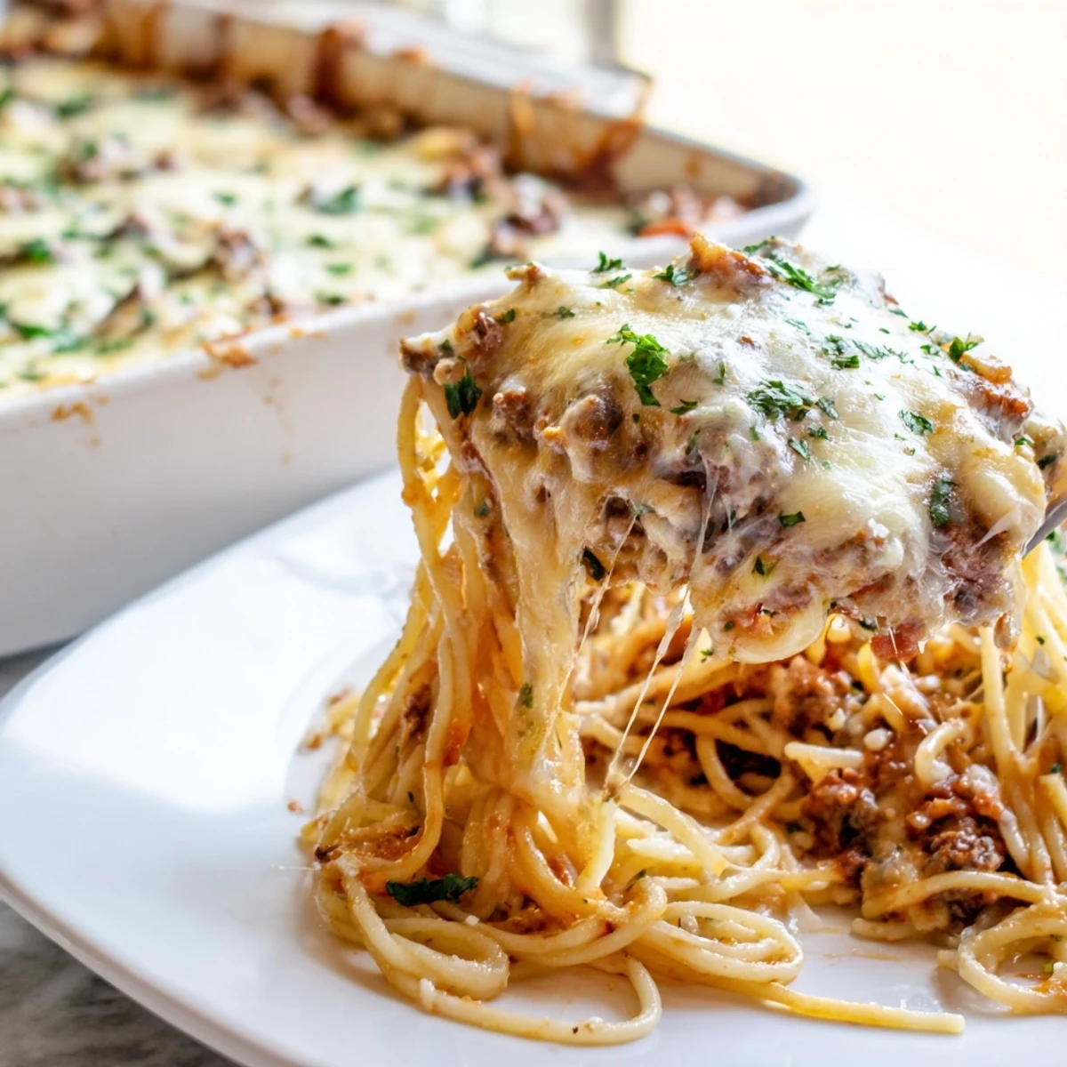 This close-up shows the hearty Tini's Baked Spaghetti, perfectly baked with melted cheese and fresh parsley.