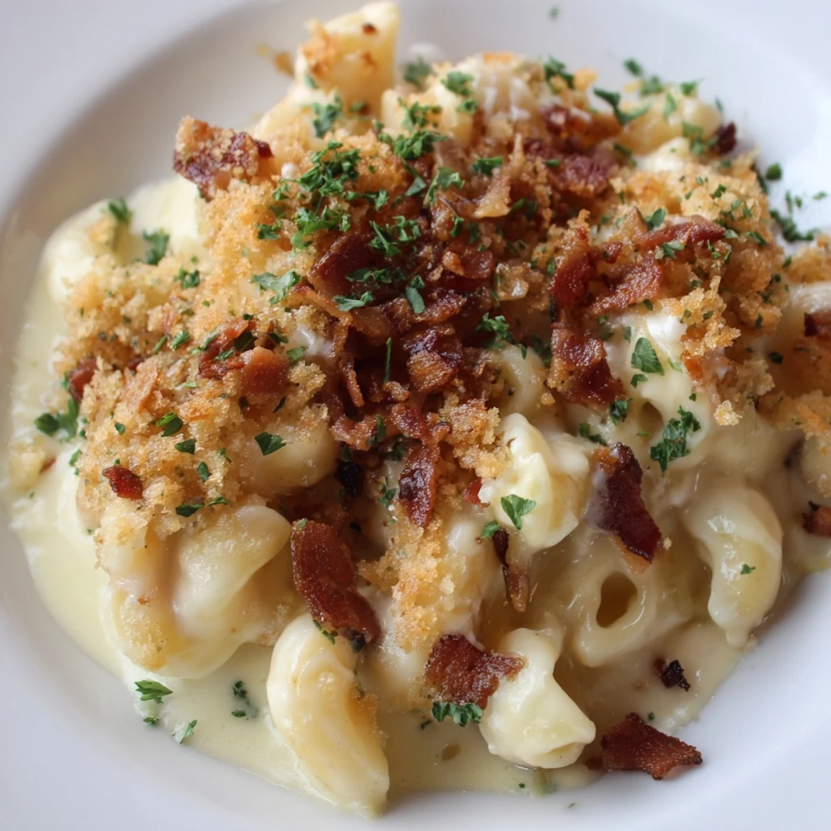 Imagine a warm, creamy bowl of Tinis Mac and Cheese with Bacon, with crispy bacon bits throughout.