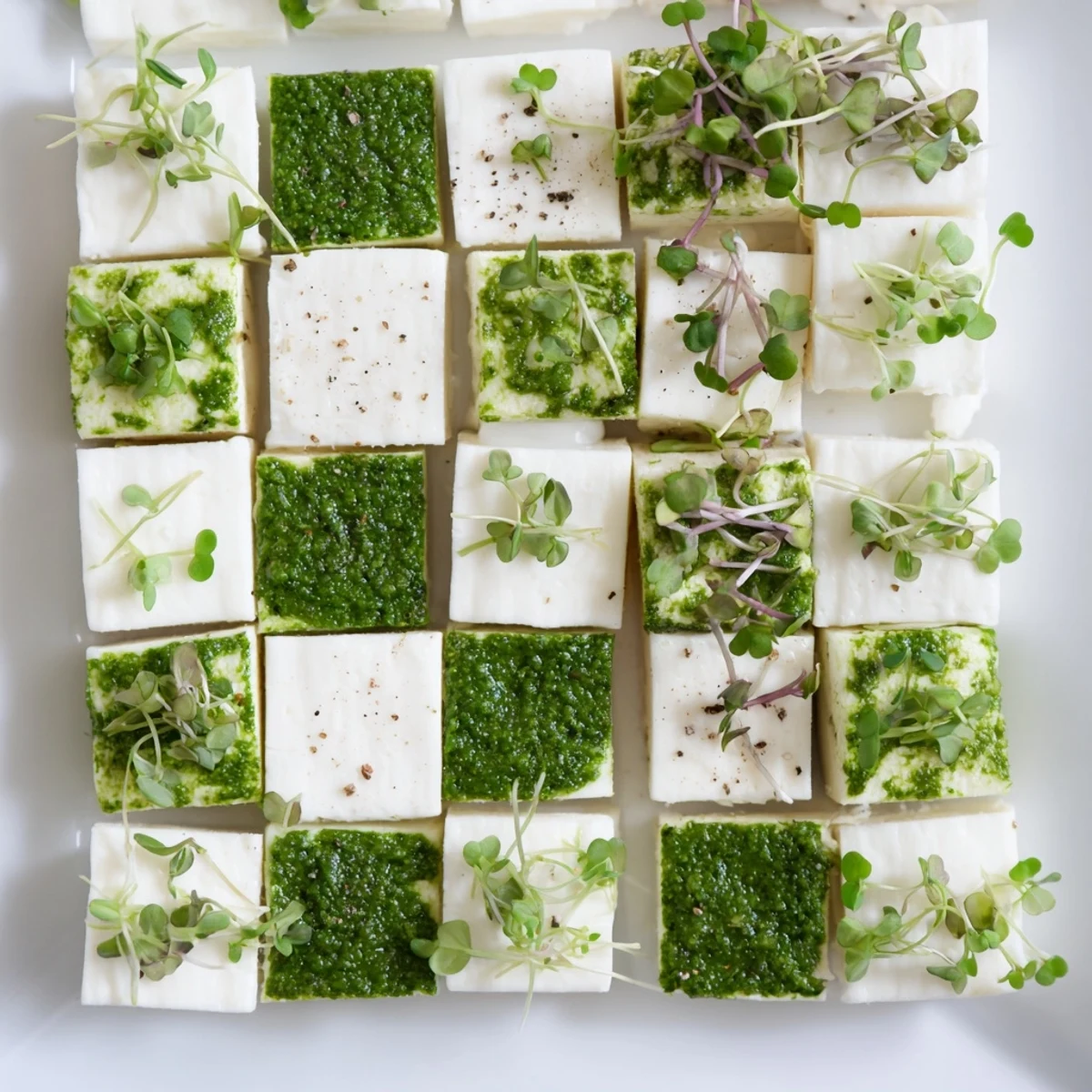 Beautiful The Checkerboard Garden appetizer, showcasing creamy white cheeses and flavorful green herbs.