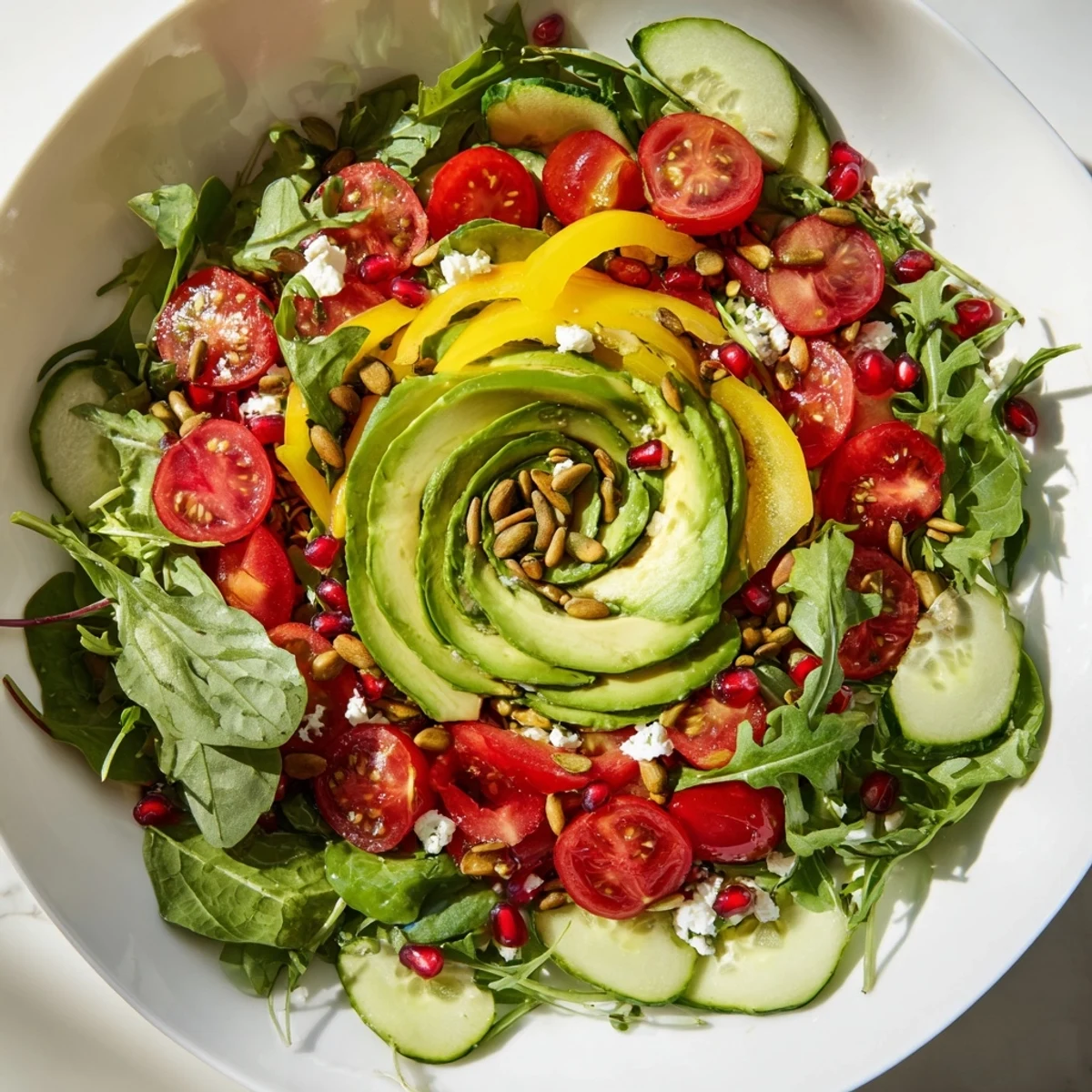 Golden Ratio Salad, a visually striking salad with colorful vegetables and creamy avocado.