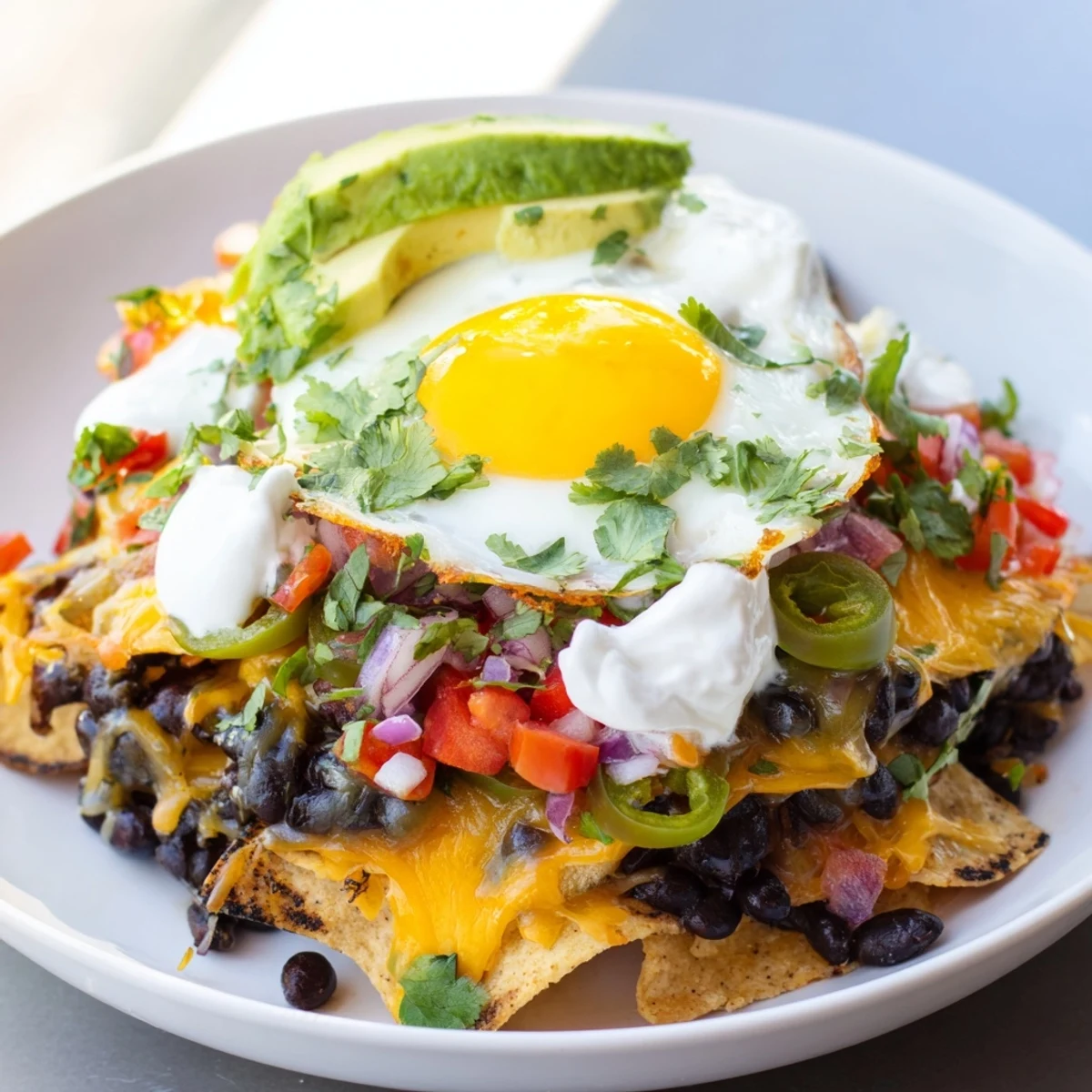 Warm, bubbly Egg-Topped Breakfast Nachos, golden cheese melting over crispy tortilla chips.