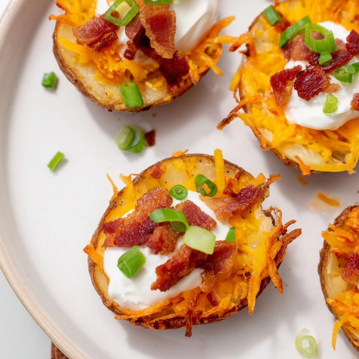 Golden, cheesy Loaded Baked Potato Skins with crumbled bacon and fresh green onions, ready to eat.
