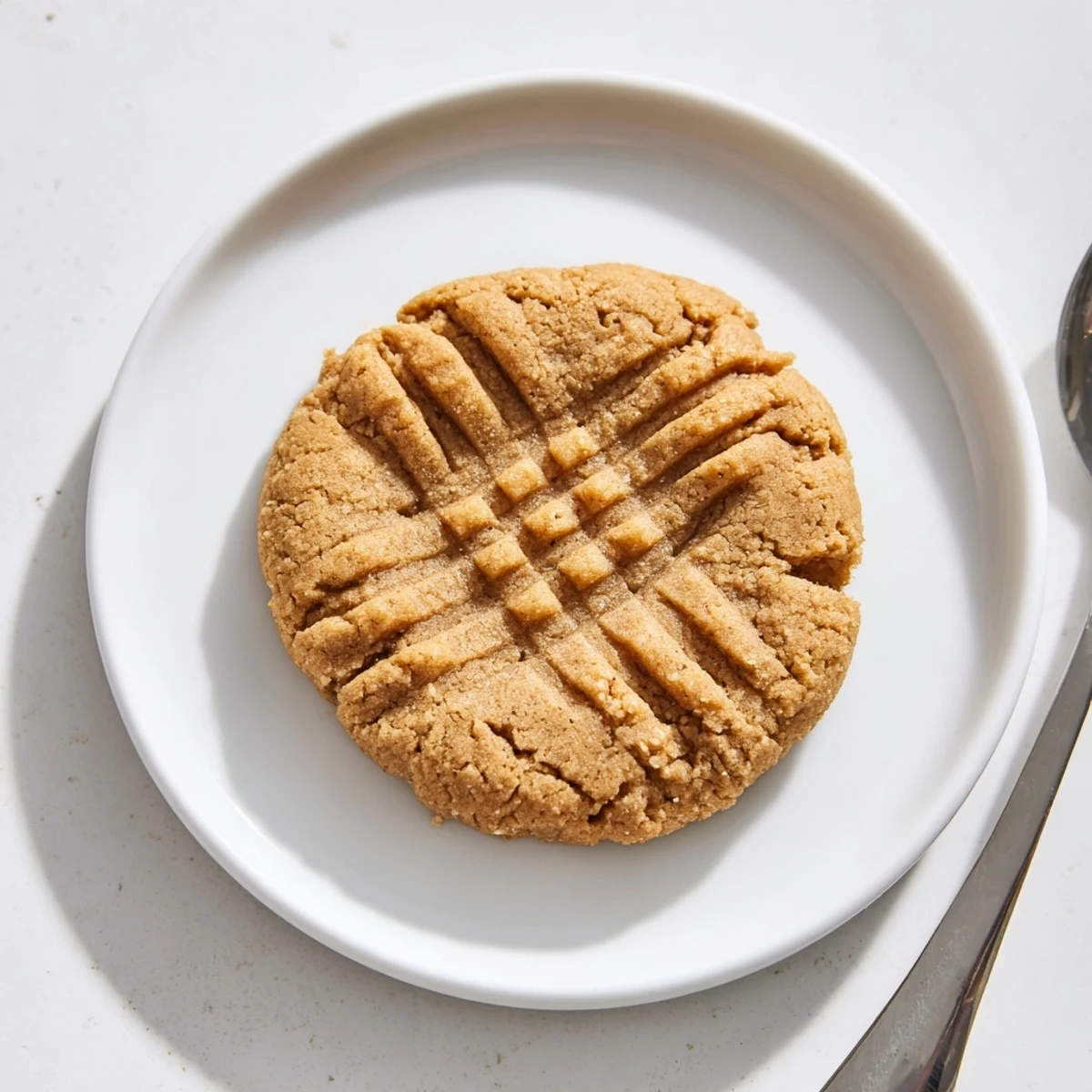 A plate of freshly baked flourless peanut butter cookies, with a crisscross fork pattern, ready to enjoy.