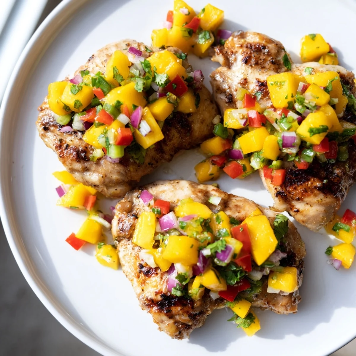 Grilled Mango Salsa Chicken with bright, colorful salsa ready to be served, a summery dish.