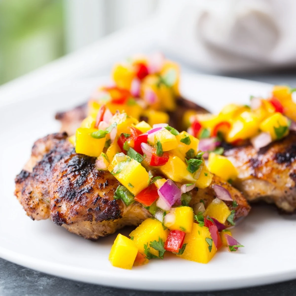 Tempting view of Grilled Mango Salsa Chicken: tender chicken with a generous mango salsa topping, ready to eat.