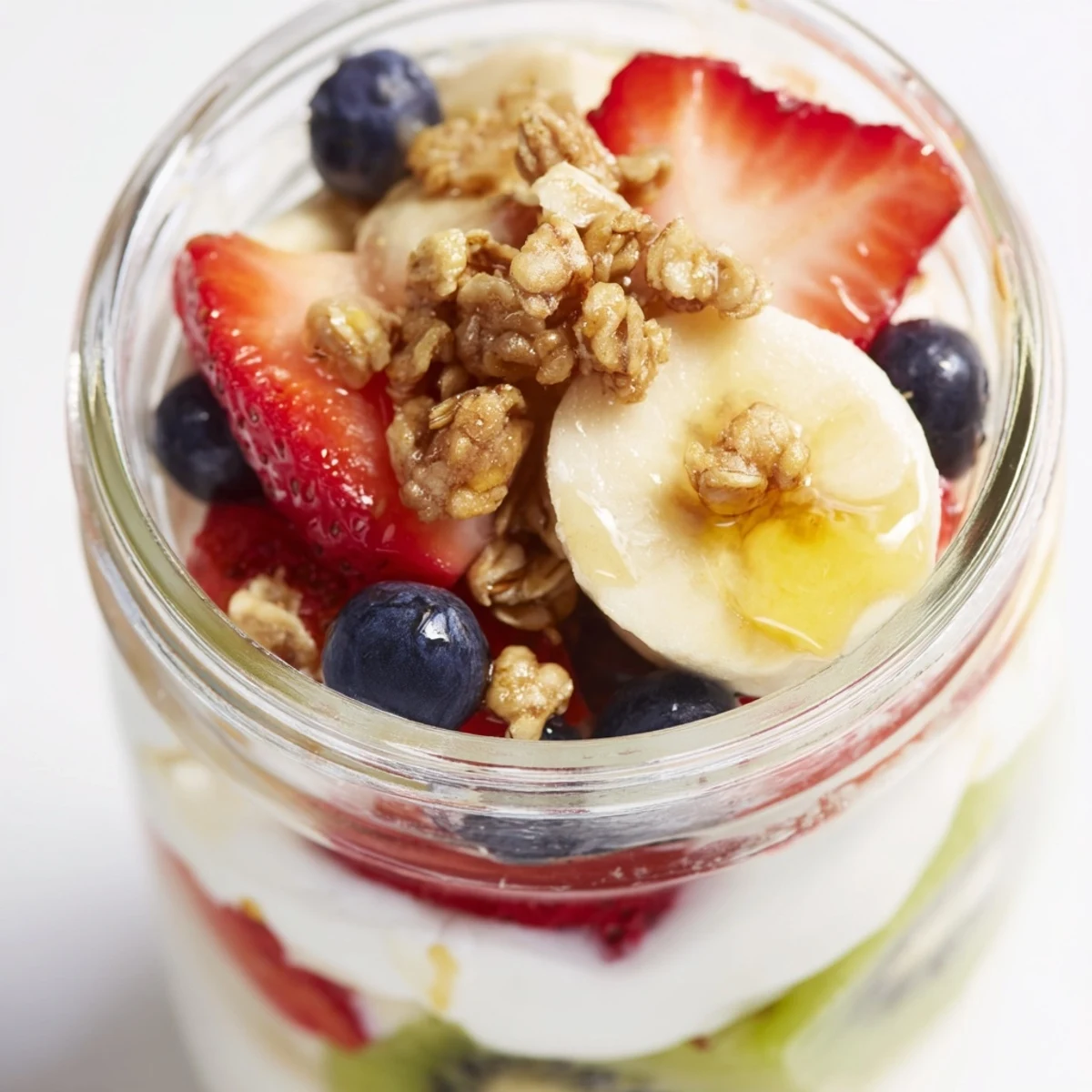 Vibrant Layered Yogurt Fruit Parfait with juicy berries, creamy yogurt, and crunchy granola layers.