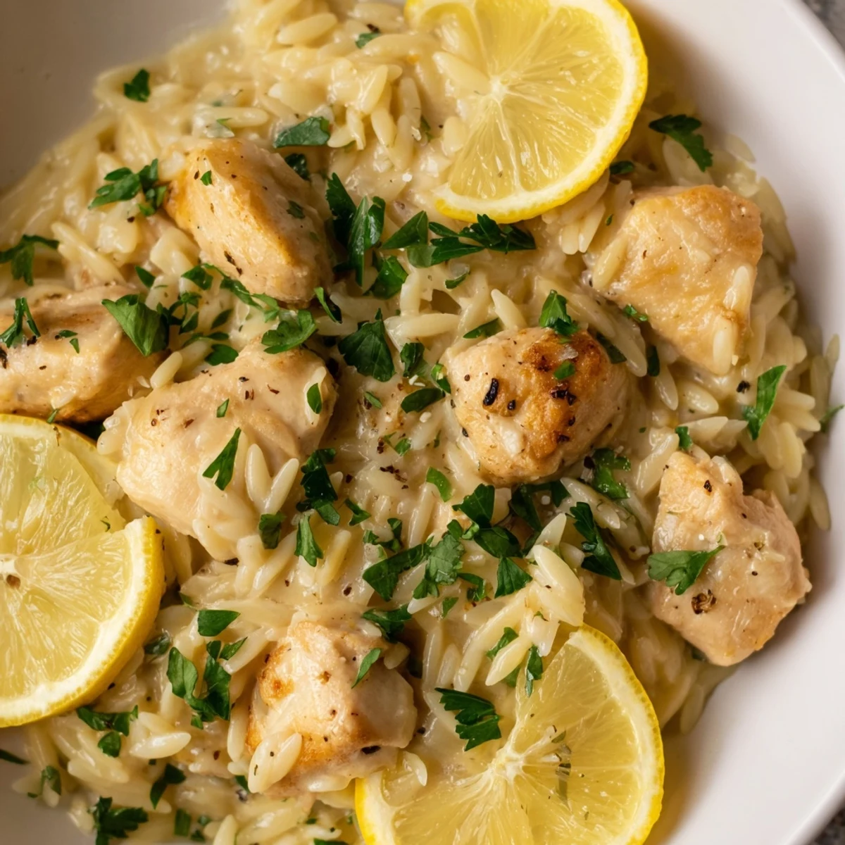 Golden chicken pieces nestled in creamy orzo with a burst of lemon, this Creamy Lemon Chicken Orzo looks delicious.