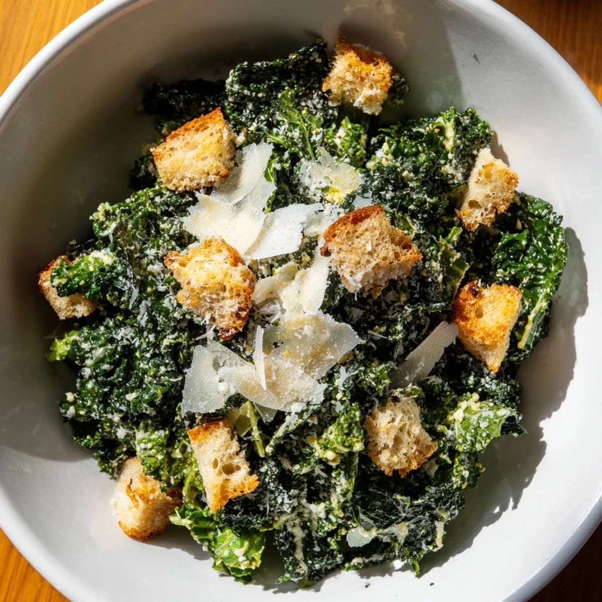 Freshly made Kale Caesar Salad with crispy croutons and shaved Parmesan, a vibrant green dish.