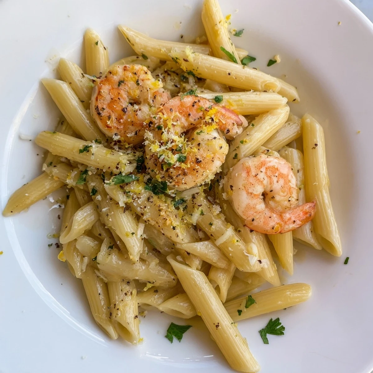 Golden-brown garlic shrimp penne, a flavorful Italian-American comfort food, ready to serve with Parmesan.