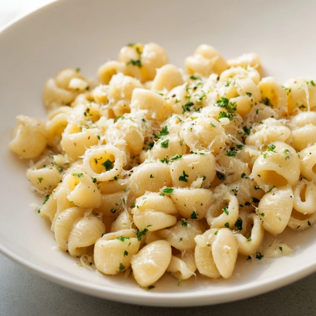 A close-up of steaming 15-Minute Creamy Garlic Butter Ditalini, showcasing the creamy, garlic-infused sauce.