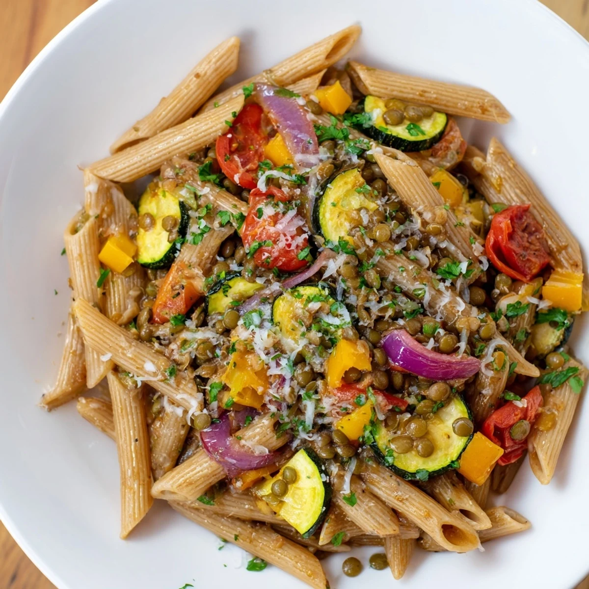 Lentil Pasta with Vegetables, featuring roasted bell peppers, tomatoes, and herbs, looks savory.
