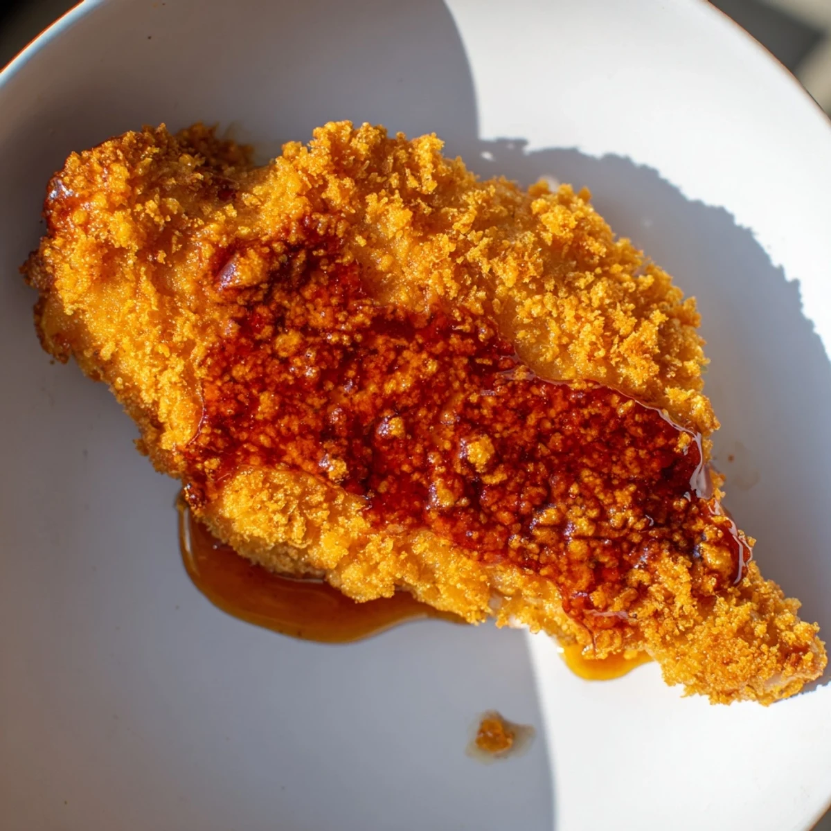 Crispy golden edges of the Hot Honey Crispy Chicken Thighs glistening with a sweet, spicy glaze.