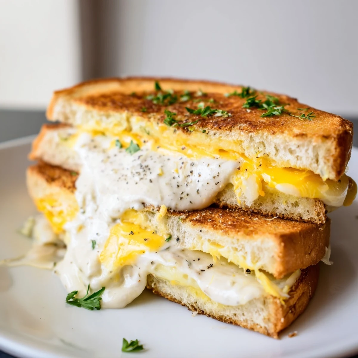 Crispy sourdough Garlic Butter Mayo Grilled Cheese sandwich with melted cheddar; a warm, savory lunch.