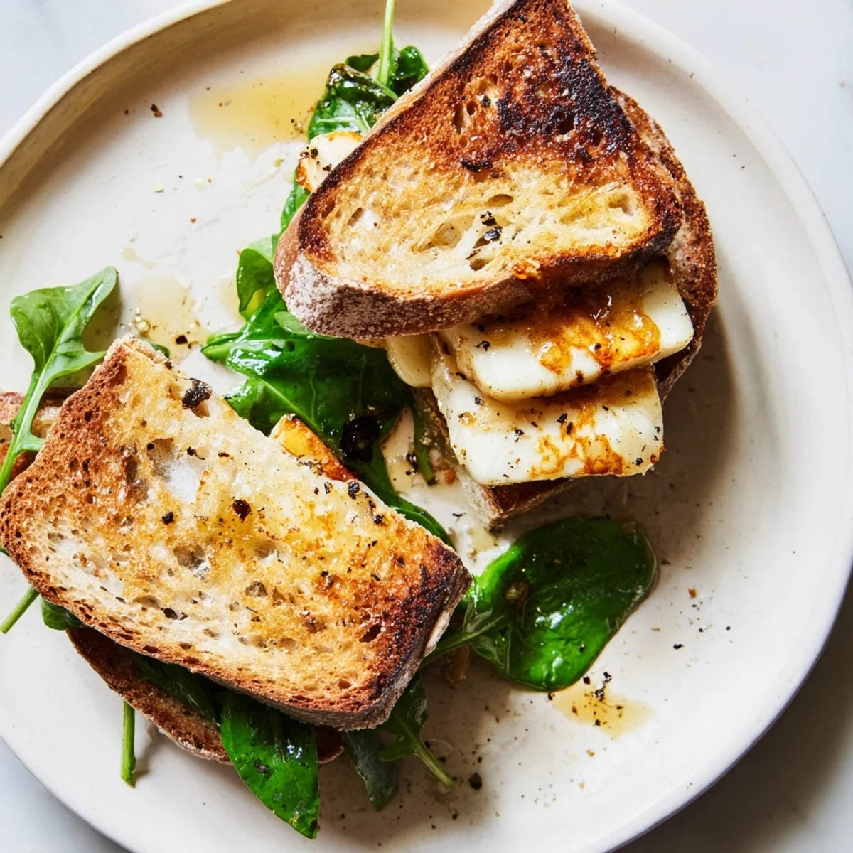Golden-brown Crispy Halloumi Grilled Cheese, ready to eat, with melted cheese and toasted bread.