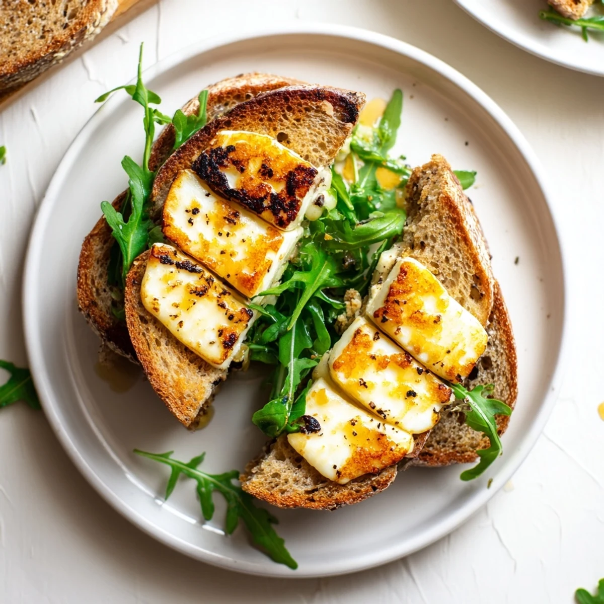 Halloumi cheese oozes from a hot, fresh Crispy Halloumi Grilled Cheese; a savory, easy meal.