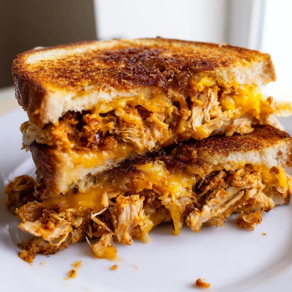 Golden-brown Spicy Crispy Chicken Sandwich Grilled Cheese with melted cheese oozing out, a perfect comfort meal.
