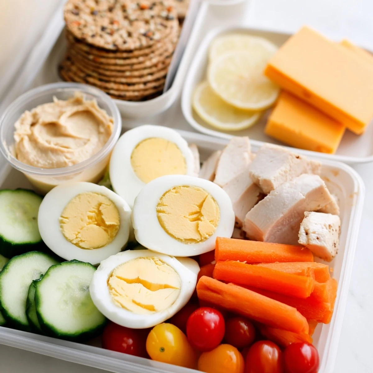 Protein Snack Boxes with colorful veggies, protein, and hummus, ready for healthy lunch prep.