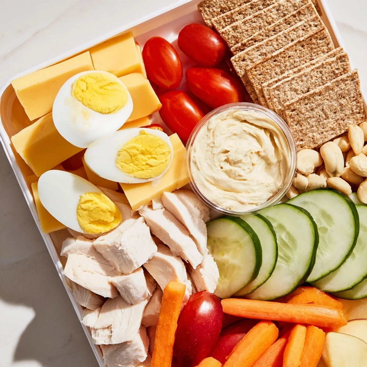Healthy and easy-to-make Protein Snack Boxes, showcasing chicken, eggs, and crackers for a satisfying lunch.
