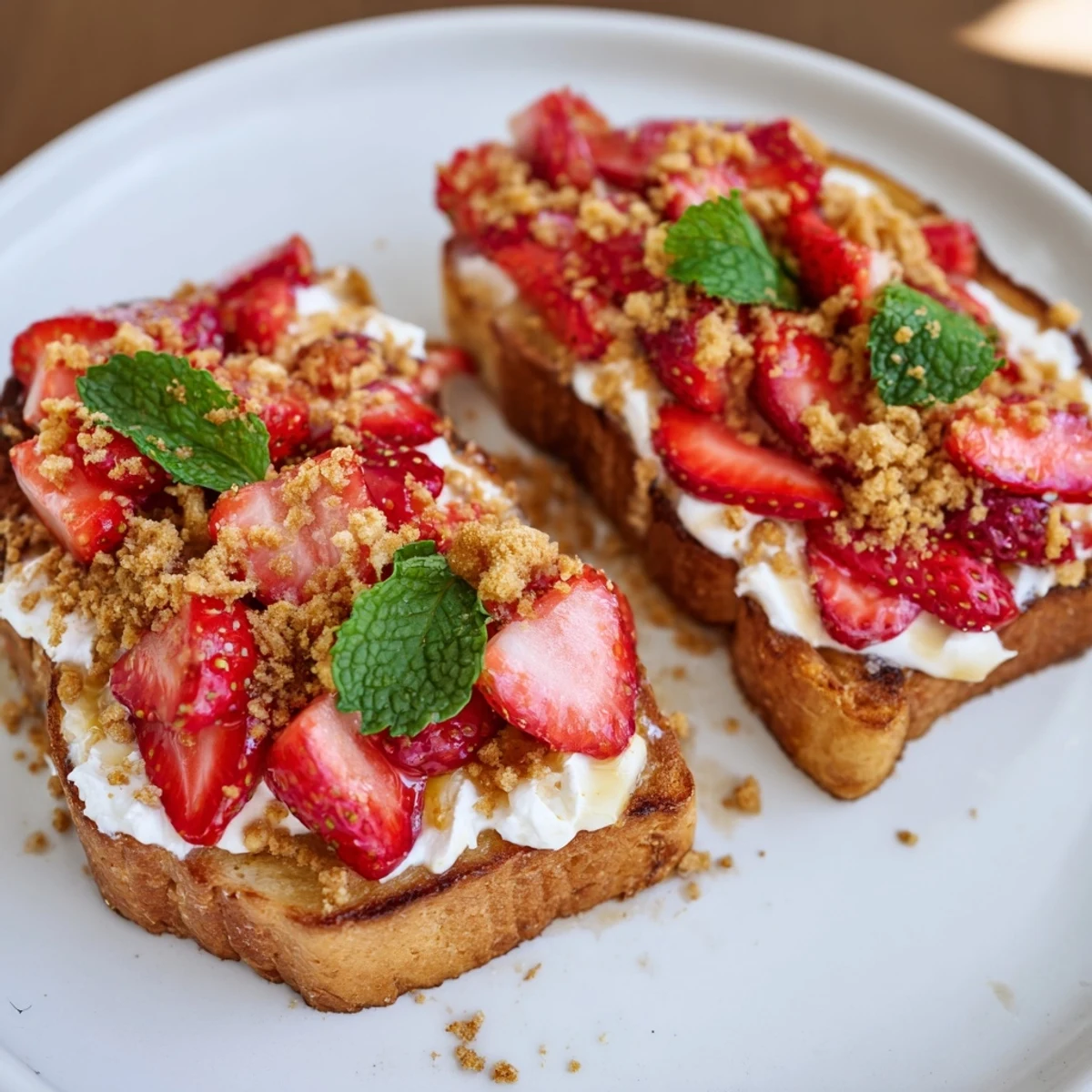 This Strawberry Cheesecake Toast features vibrant red strawberries layered on smooth, creamy cheesecake.