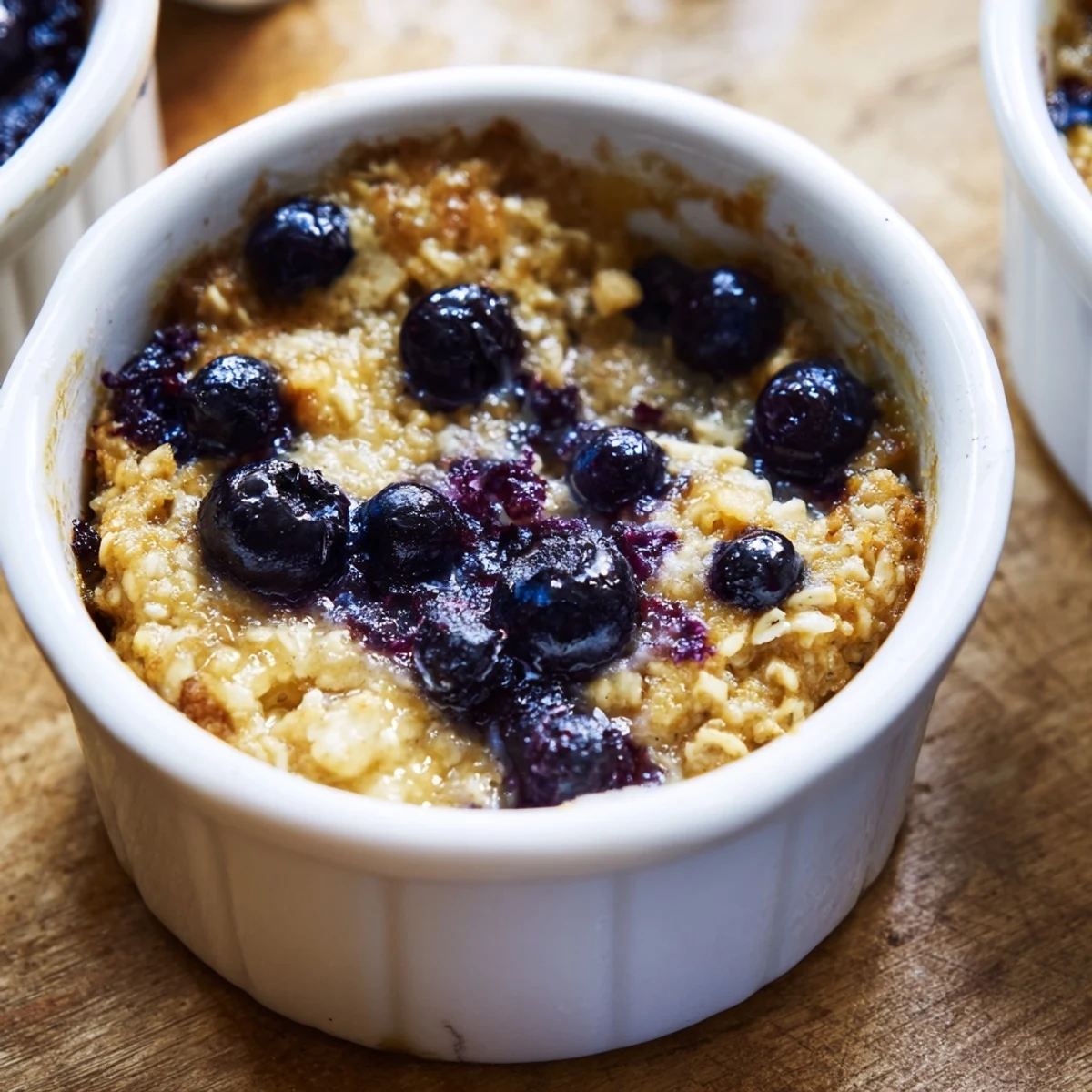 Golden, bubbly Blueberry Baked Oats, speckled with blueberries, ready to serve for a delightful breakfast.