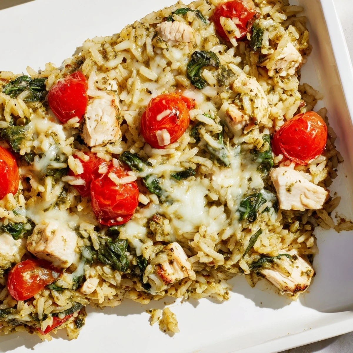 Creamy homemade Chicken Pesto Rice Bake, a comforting casserole with tender chicken and flavorful pesto.