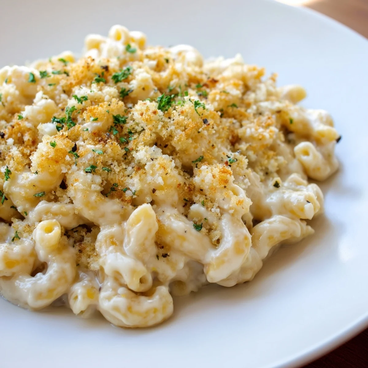 Warm, golden High-Protein Mac & Cheese, with a sprinkle of parsley, ready for a satisfying meal.