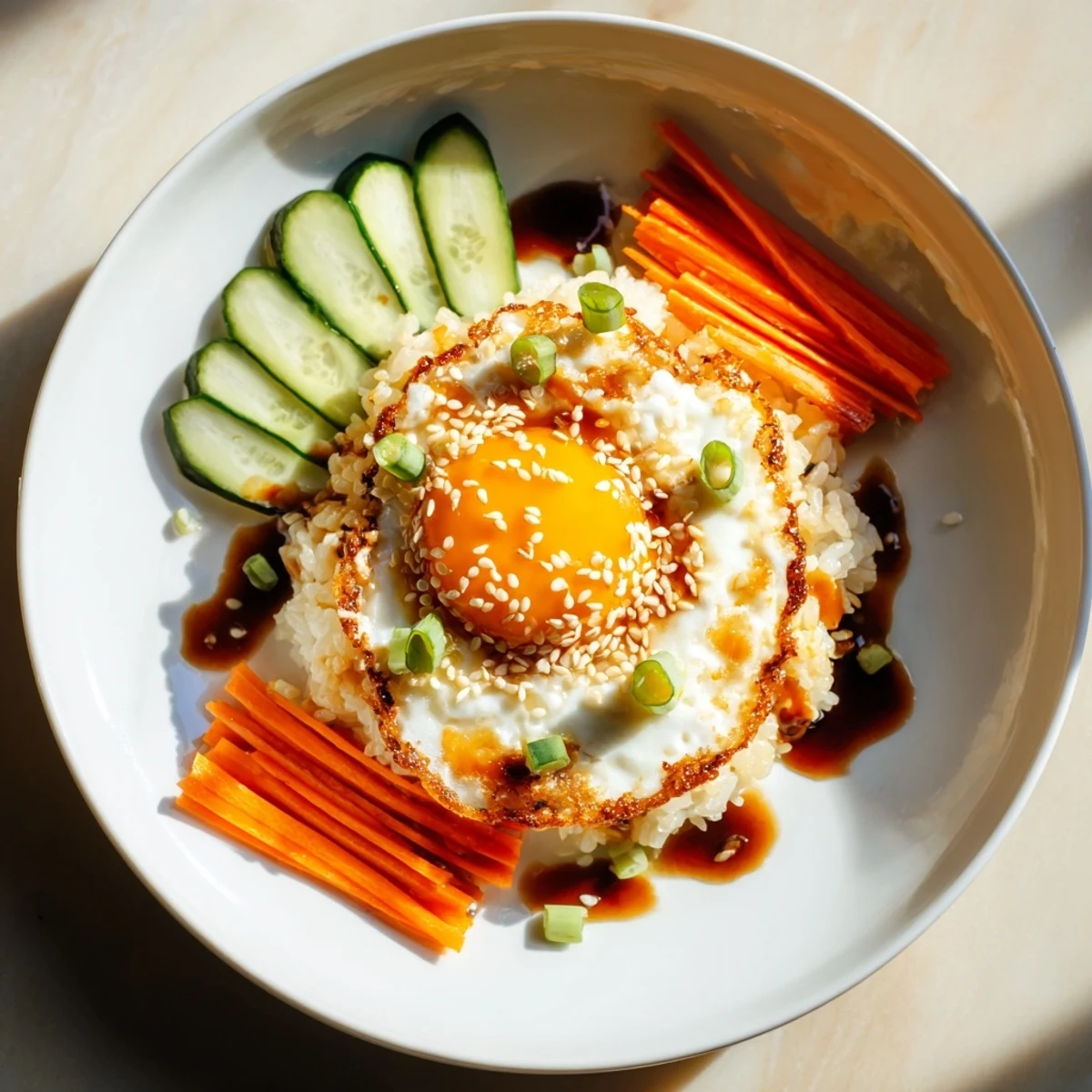Vibrant Crispy Egg Rice Bowl, featuring a delicious soy dressing and fresh, colorful vegetables.