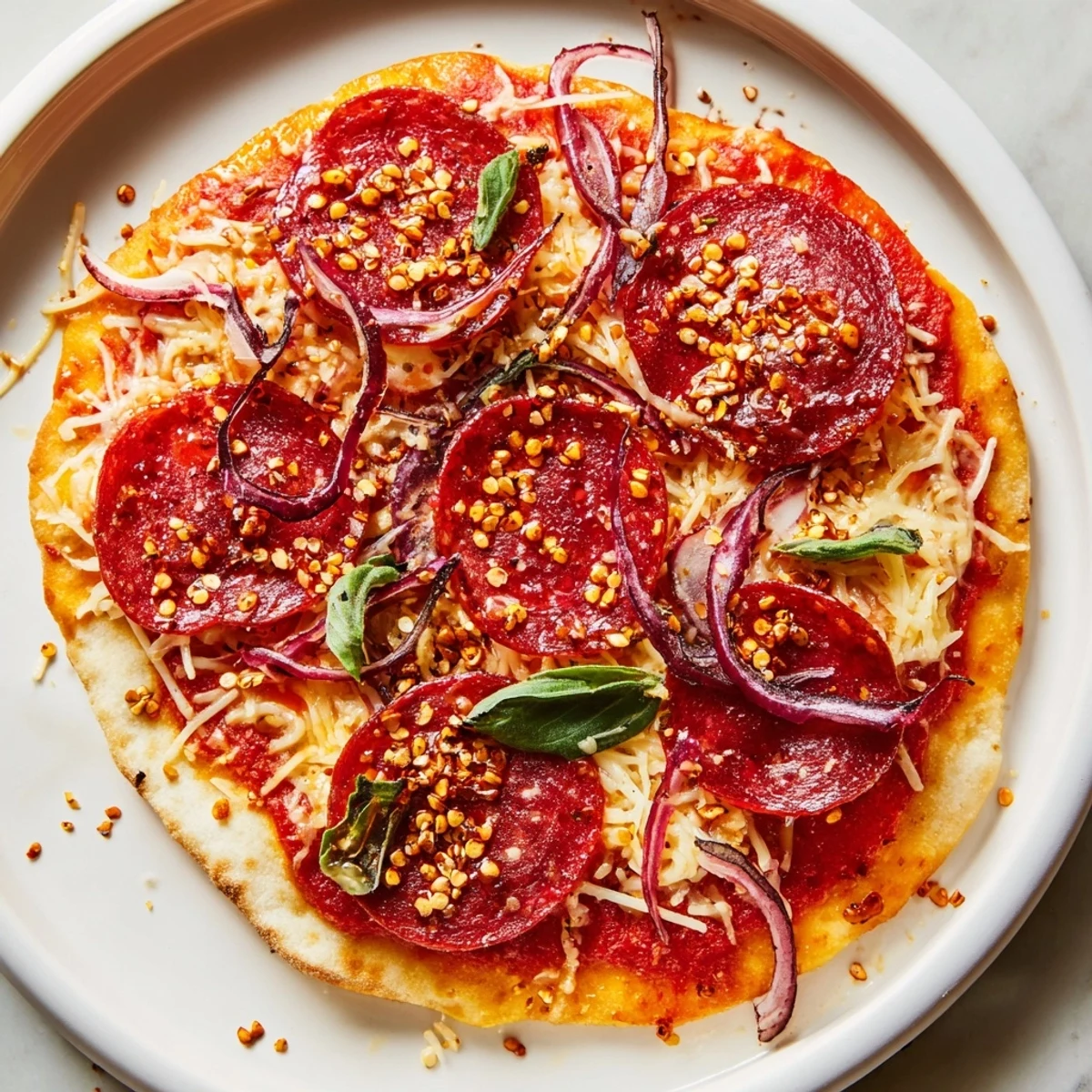 Golden-brown Hot Honey Pepperoni Flatbread with bubbly mozzarella and savory pepperoni slices.