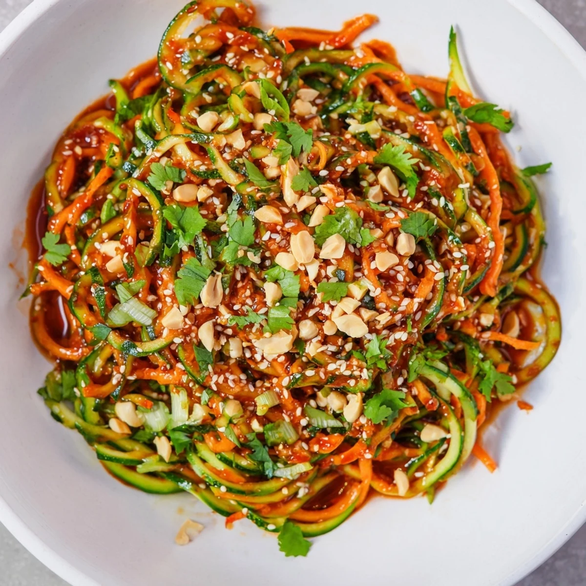 A mouthwatering Spicy Cucumber Noodle Bowl, vibrant with spiralized cucumbers and a fiery chili drizzle.