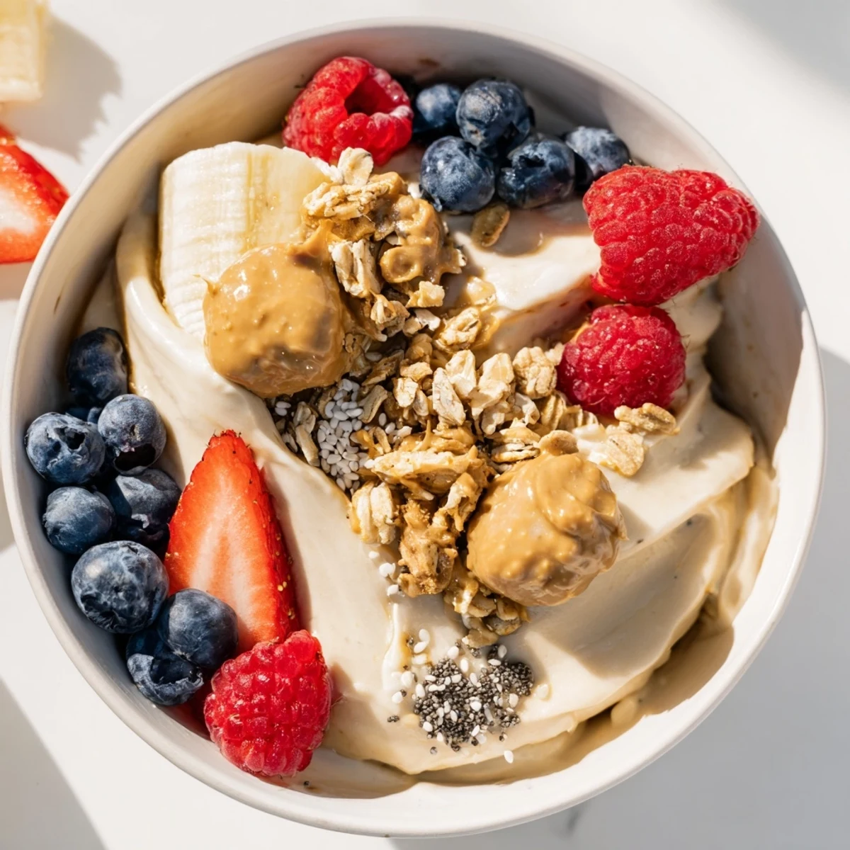 Thick, creamy protein ice cream bowls topped with fresh berries, perfect for a healthy treat.