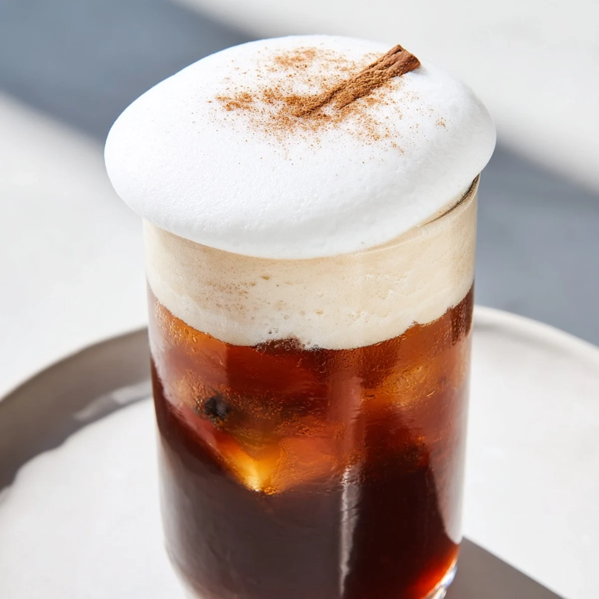 Homemade Iced Chai with cold foam, a creamy beverage with spiced chai and frothy topping.