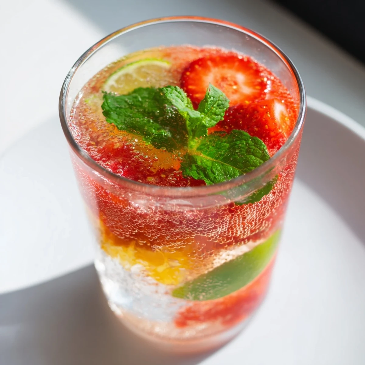 A refreshing pitcher of homemade DIY fruit refresher drinks, garnished with mint and vibrant fruit slices.