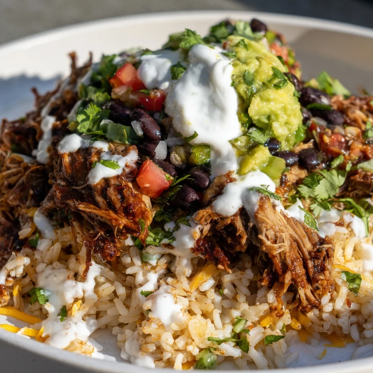 A flavorful Chipotle Burrito Bowl copycat with tender pork carnitas, creamy queso, and fresh salsa.