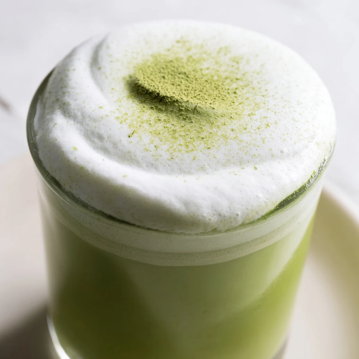 Bright green creamy matcha latte, topped with a fluffy, sweetened cold foam, ready to sip.