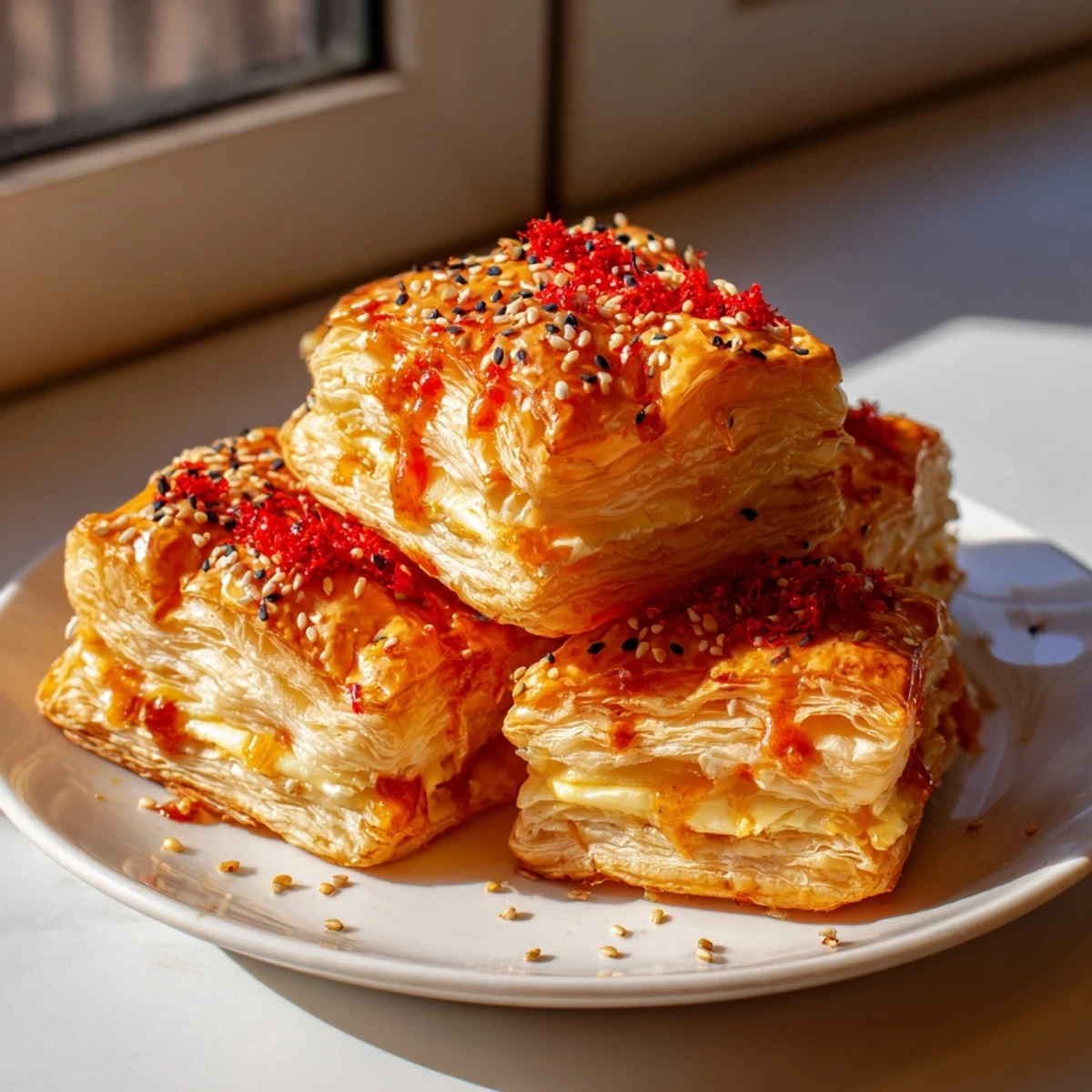 Close-up of bubbling Chili Crisp Honey Brie Bites, an easy vegetarian appetizer, drizzled with honey.