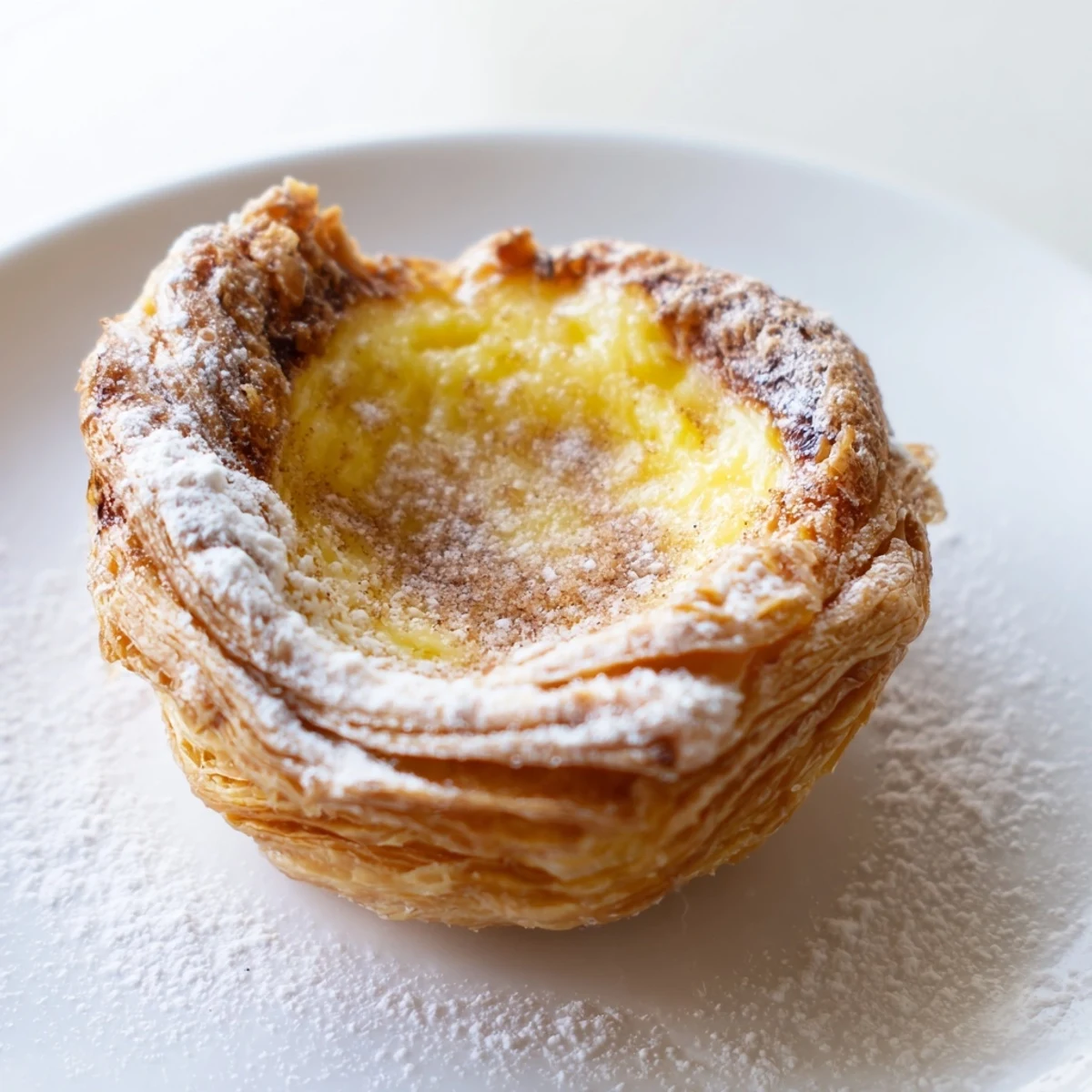 A close-up shot of baked Portuguese egg tarts showcasing the smooth, creamy custard interior ready to eat.