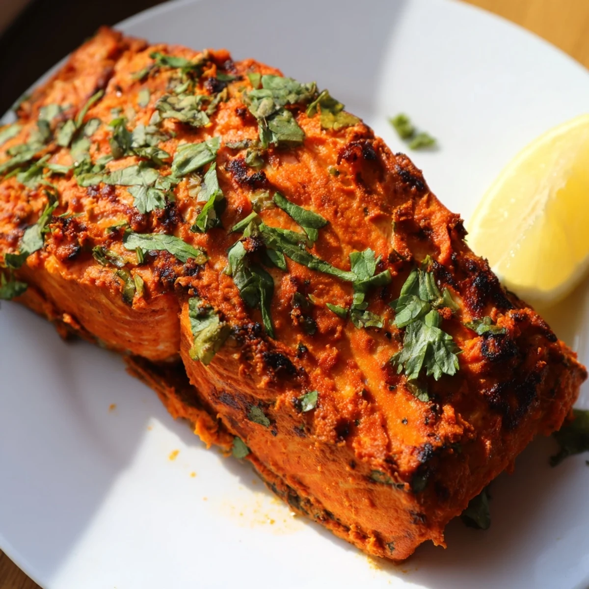 Golden, crispy edges on a plate of flavorful Indian Tikka Salmon served with fresh herbs.