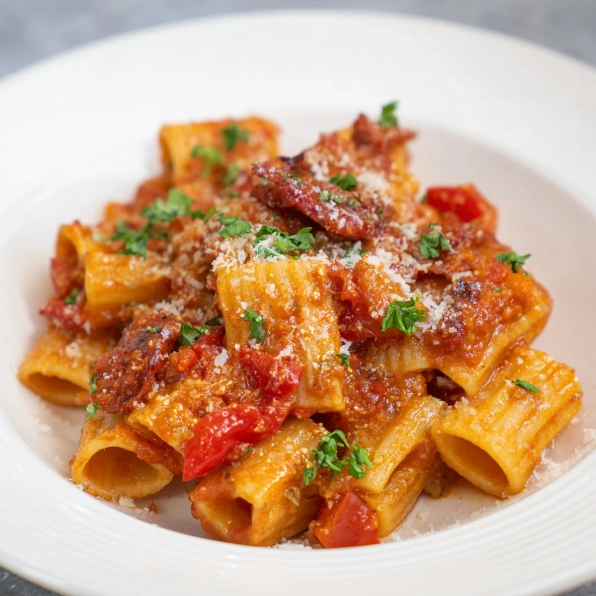 Steaming, flavorful Spanish Chorizo Pasta, ready to serve with fresh parsley and grated cheese.