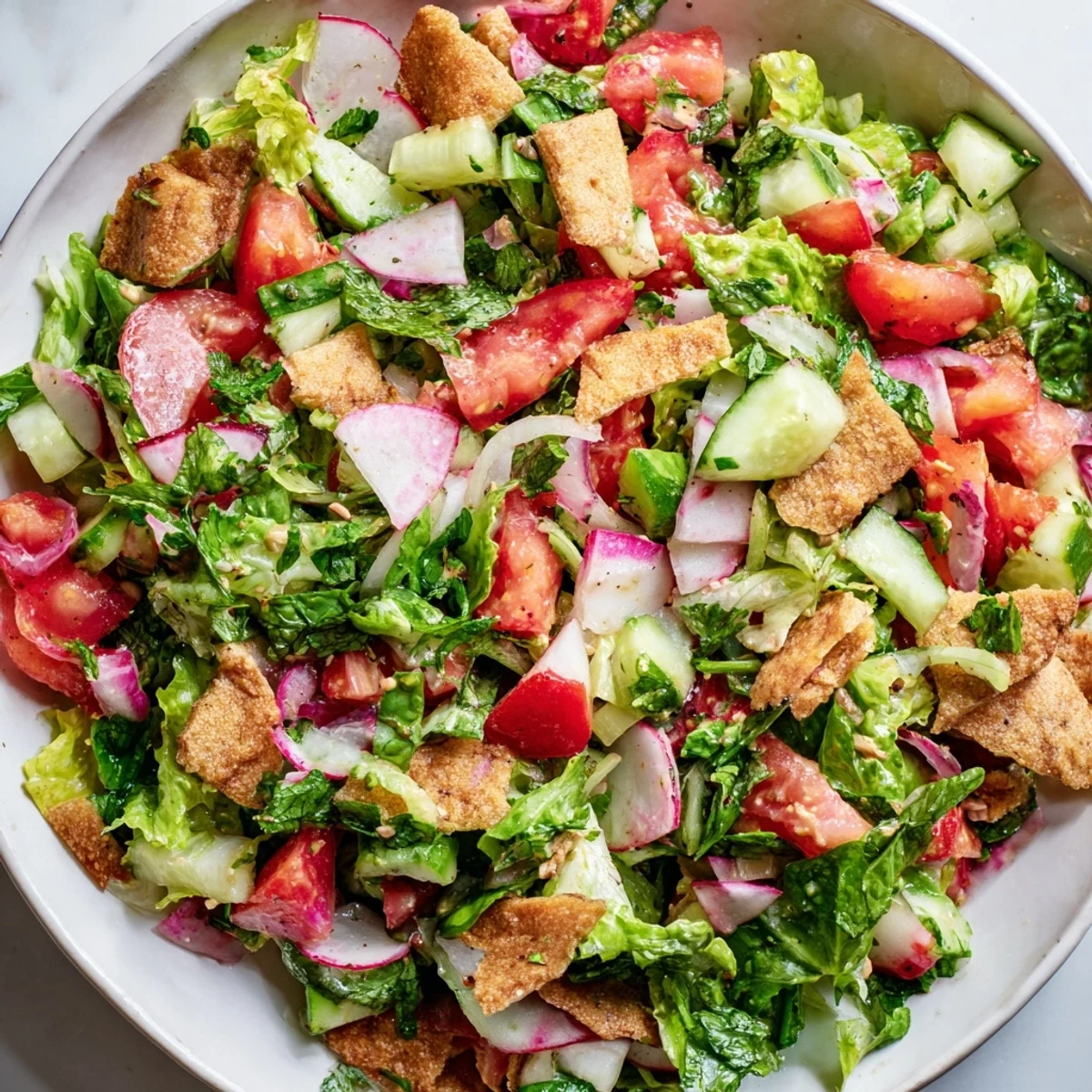 This delicious Lebanese Fattoush Salad showcases crispy pita chips and a tangy sumac dressing; perfect light meal.