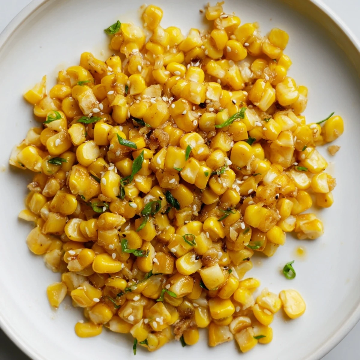 Golden Japanese Butter Corn kernels sizzling in a skillet with garlic and soy sauce glaze.