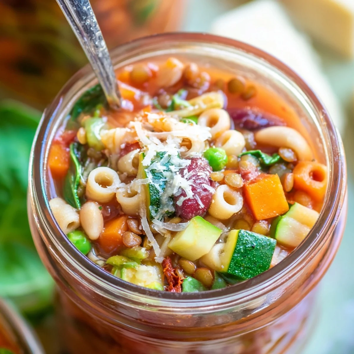 A jar of homemade Minestrone Soup layered with pasta, vegetables, and beans, ready to add boiling water for a quick, nourishing meal.  